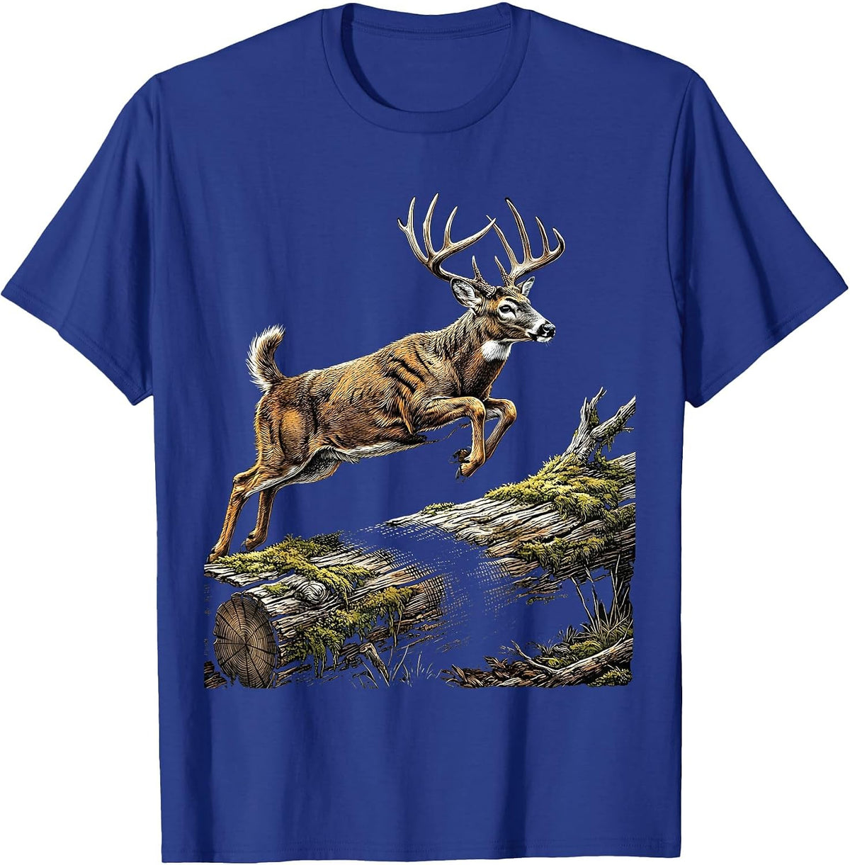Whitetail Buck Leaping Over Fallen Log Design T-Shirt - Royal Blue