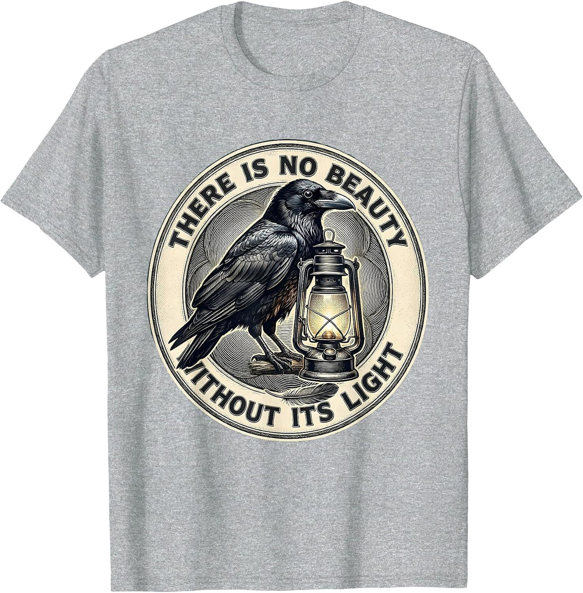 Men's There Is No Beauty Without Its Light Gothic Literary Raven T-Shirt - Heather Grey