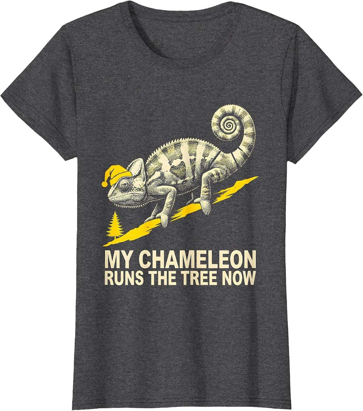 Women's My Chameleon Runs The Tree Now Whimsical Ugly Sweater T-Shirt - Dark Heather Grey
