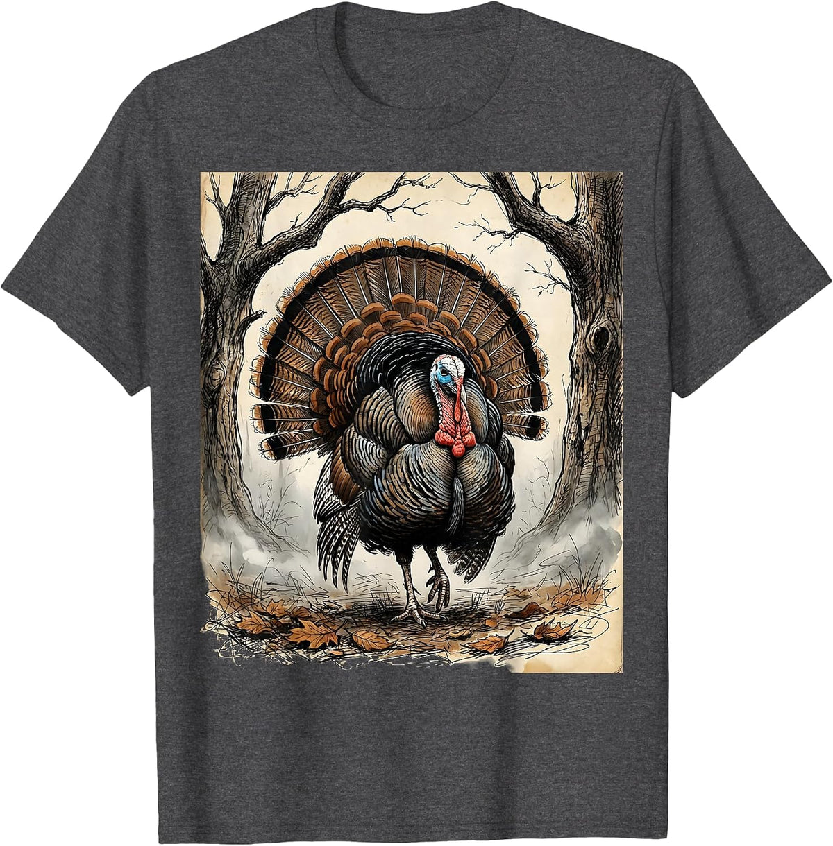 Wild Turkey Misty Morning Forest Thanksgiving T-Shirt - Dark Heather Grey