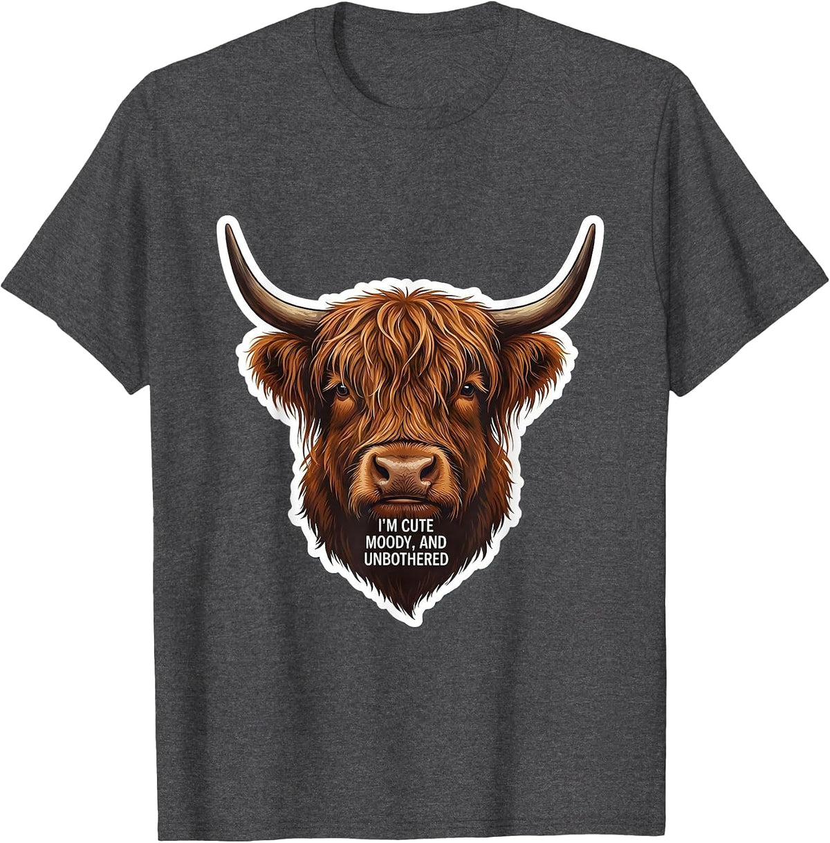 Men's I’m Cute Moody And Unbothered Highland Cow Character T-Shirt - Dark Heather Grey