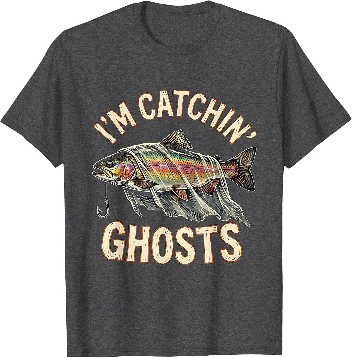 I'm Catchin' Ghosts Linocut Halloween Fishing Ghost Dad T-Shirt - Dark Heather Grey