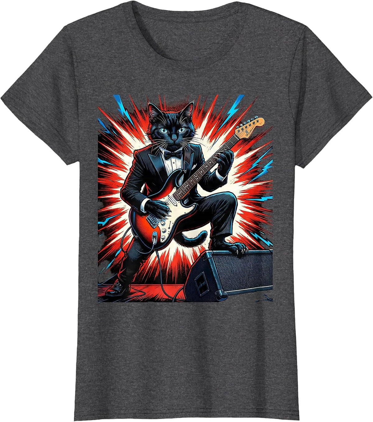 Women's Cat Playing Guitar Rock Music Humor Novelty Gift T-Shirt - Dark Heather Grey