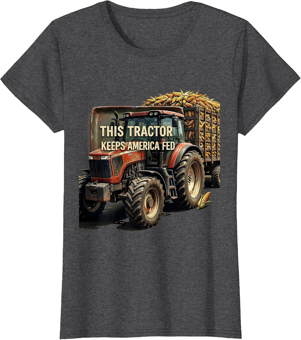 Women's This Tractor Keeps America Fed Distressed Farm Dad Heritage T-Shirt - Dark Heather Grey