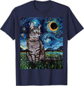 Gray Tabby Tiger Cat Starry Night Moon and Stars Artwork T-Shirt - Navy Blue
