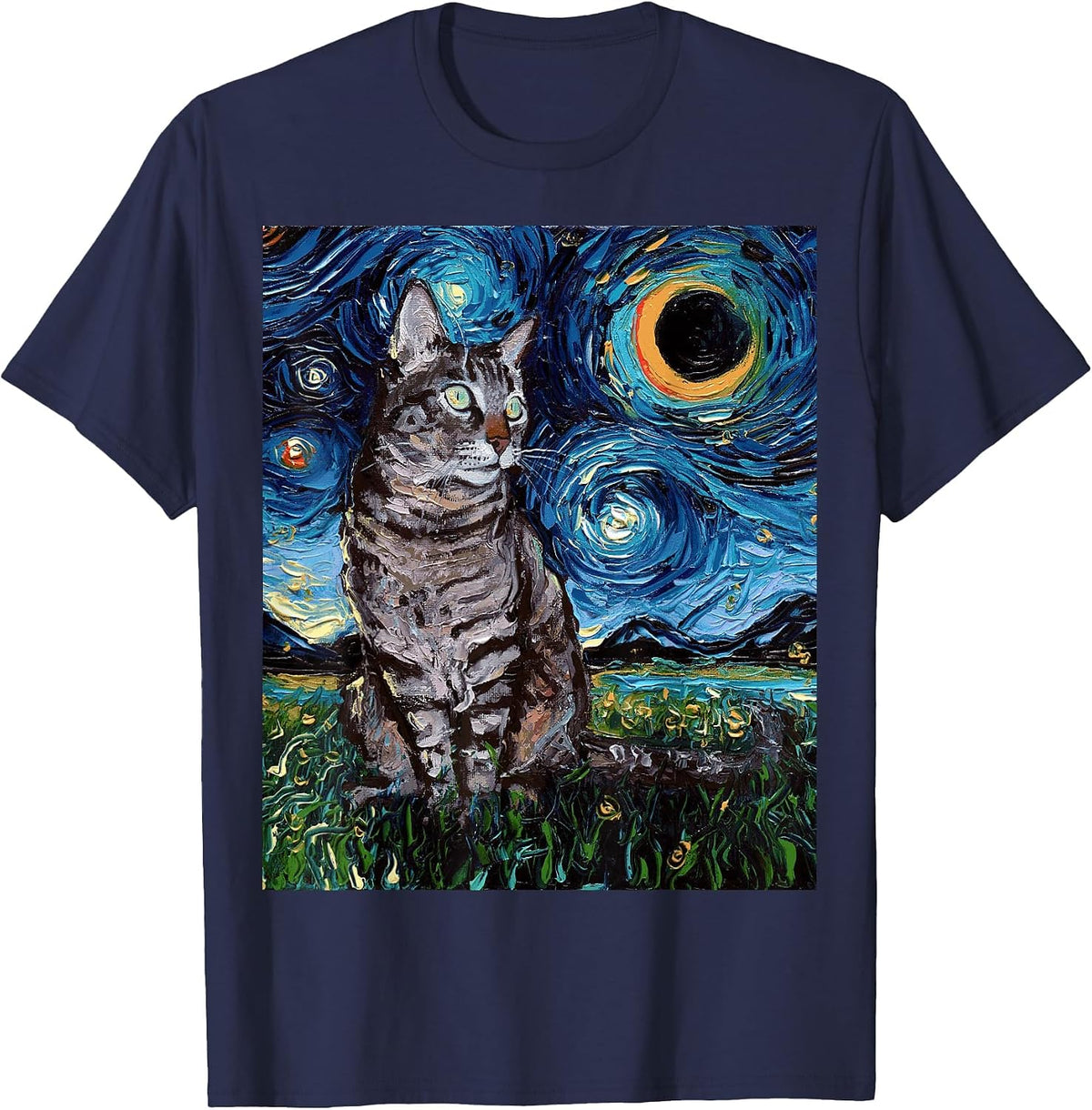 Gray Tabby Tiger Cat Starry Night Moon and Stars Artwork T-Shirt - Navy Blue