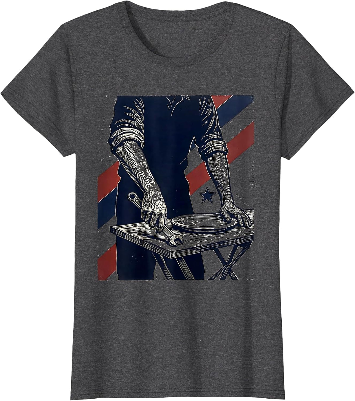 Women's Rolled Sleeve Forearms Linocut Patriotic Labor Day Tribute T-Shirt - Dark Heather Grey