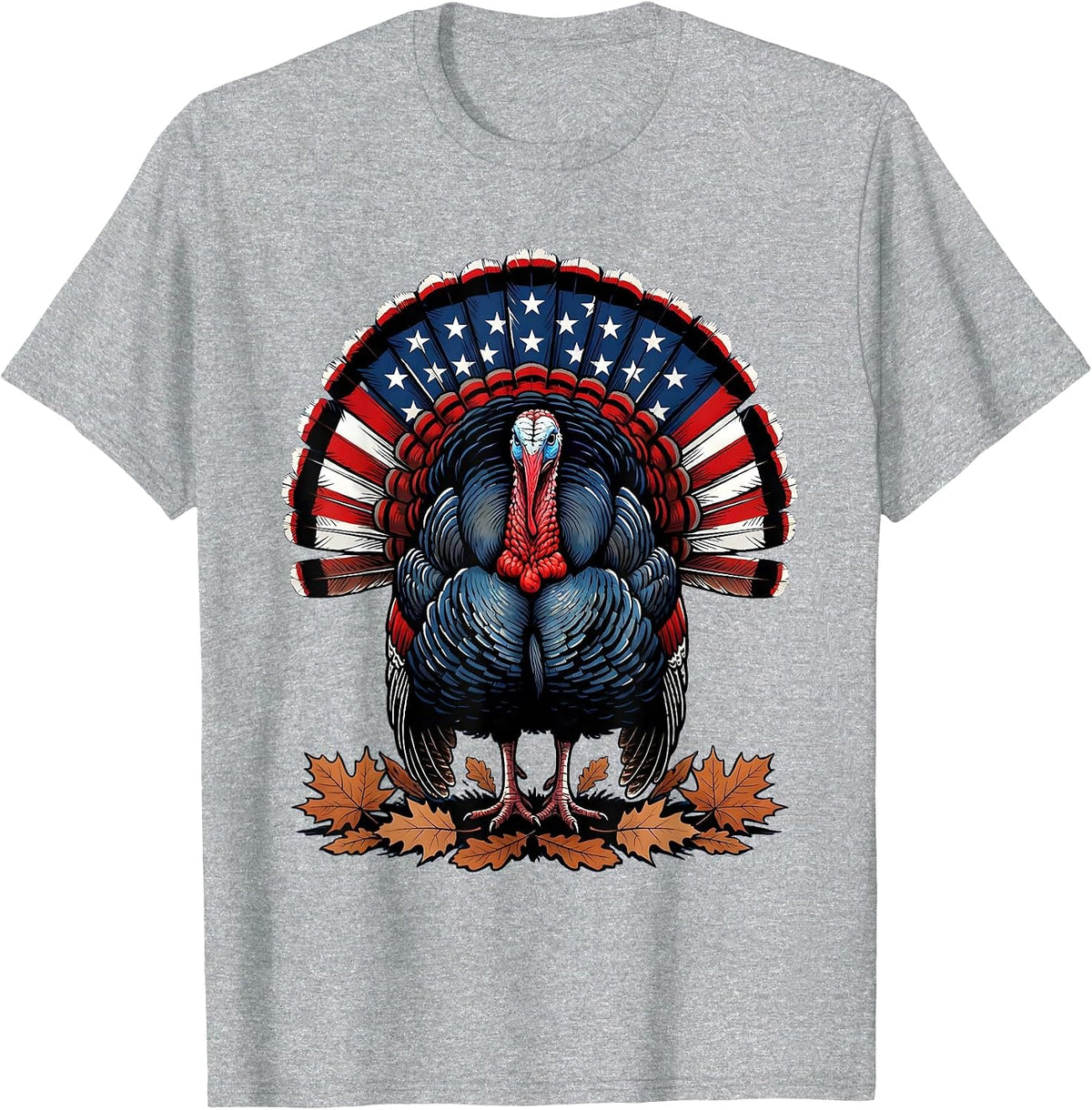 Men's Wild Turkey Strutting Autumn Leaves Thanksgiving T-Shirt - Heather Grey
