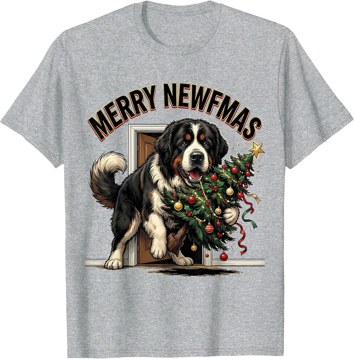 Men's Merry Newfmas Cartoon Newfoundland Dog Christmas Pajama T-Shirt - Heather Grey