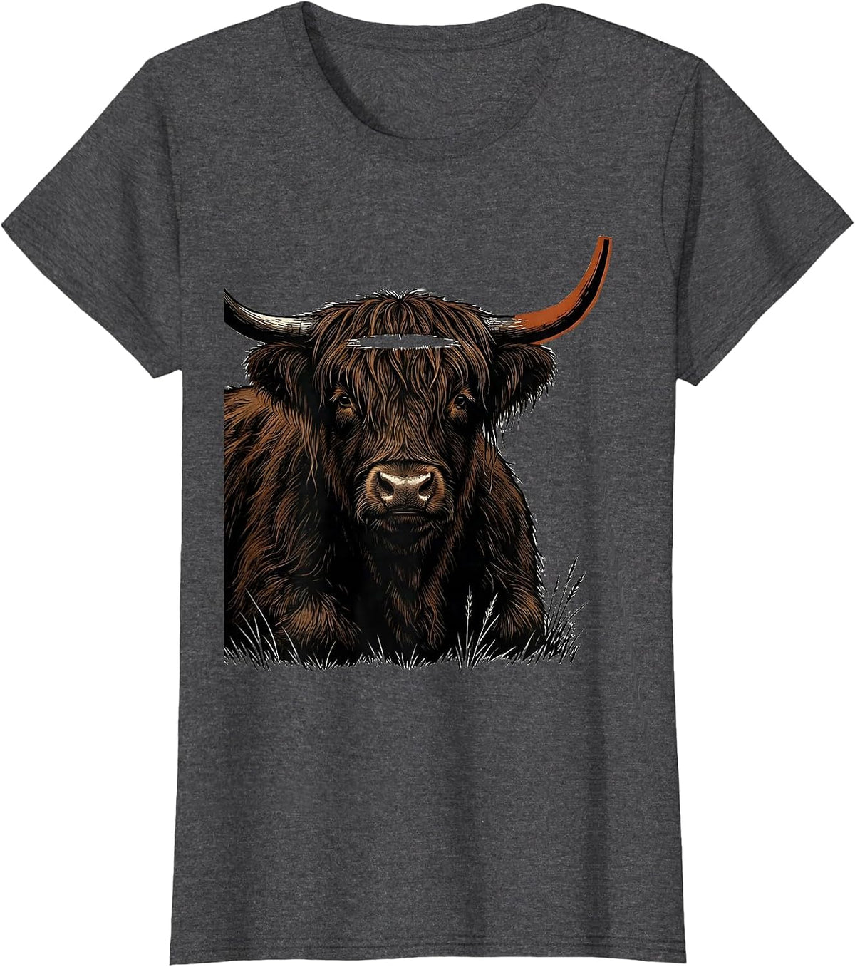 Women's Highland Cow Silhouette Linocut Cute Cow Lover Art T-Shirt - Dark Heather Grey