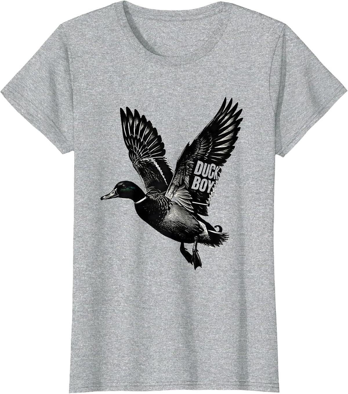 Women's Duck Boy Scratchboard Flying Mallard Youth Hunting Humor T-Shirt - Heather Grey