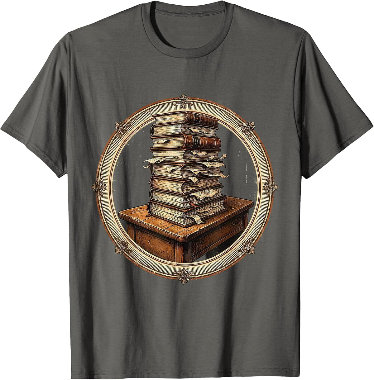 Reading Teacher Overflowing Books Desk Graphic T-Shirt - Asphalt Grey