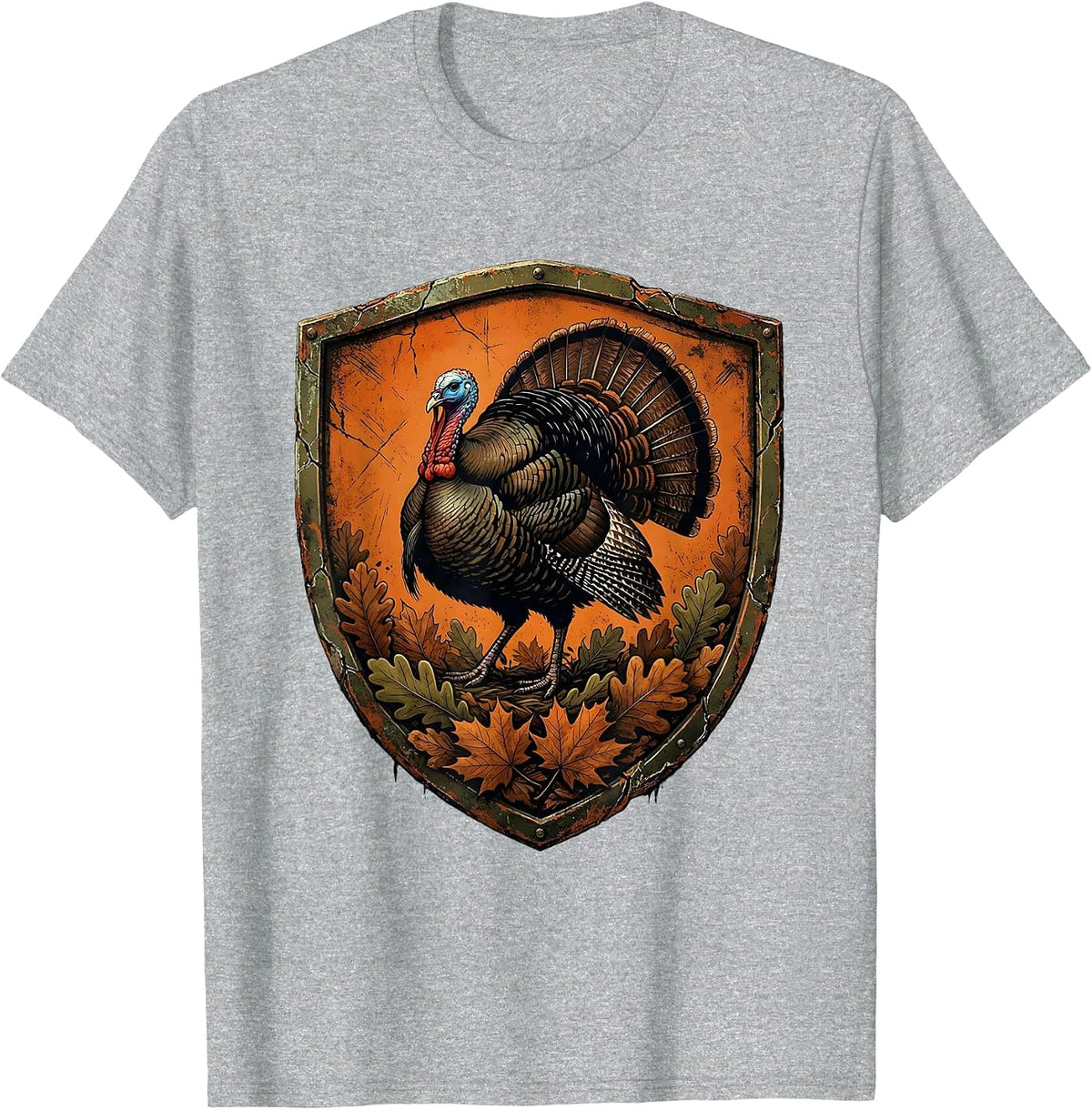 Men's Camo Turkey Striding Through Autumn Leaves T-Shirt - Heather Grey