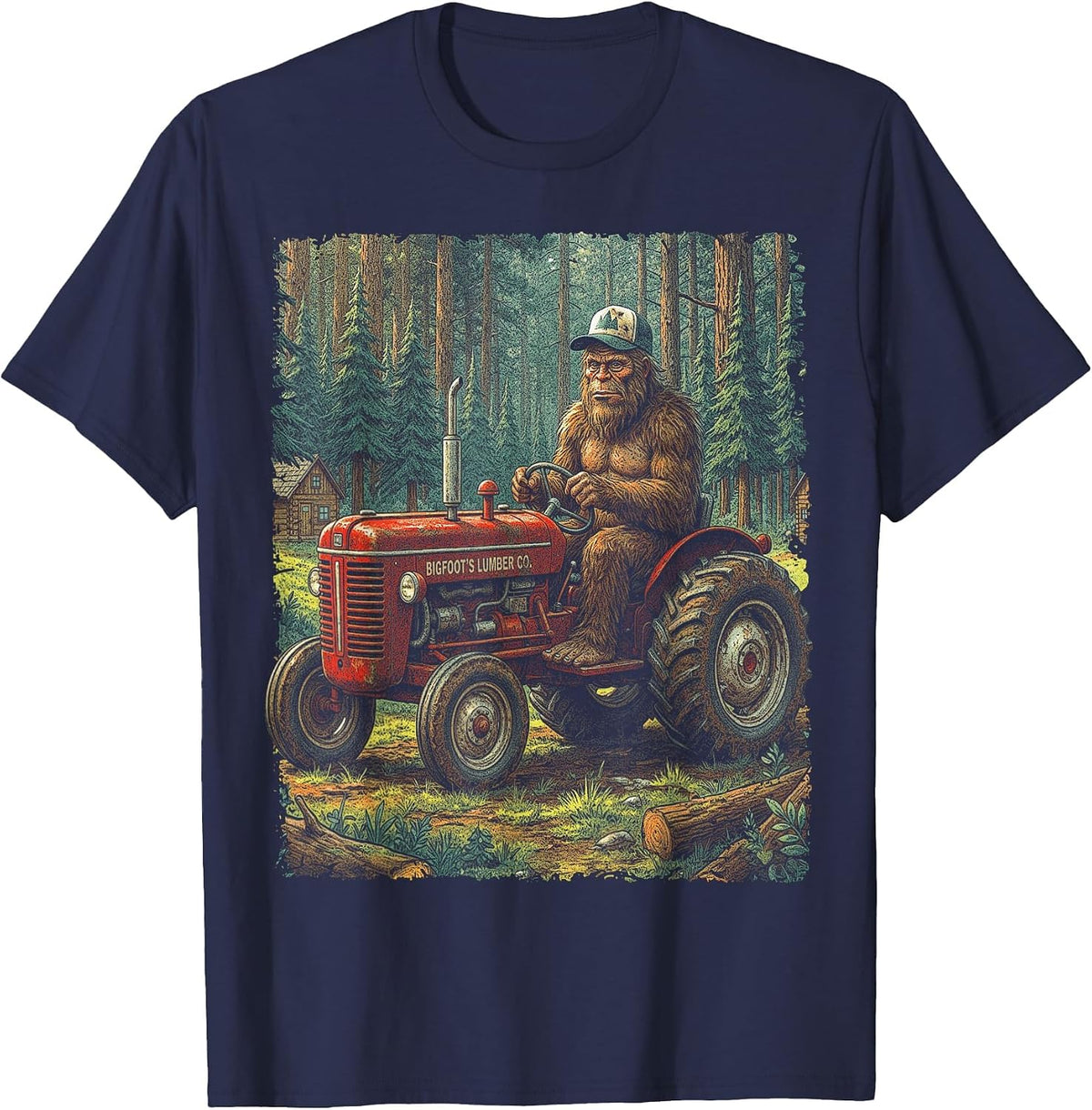 Bigfoot Farmer Driving Tractor Cool Farm Dad Rancher Farming T-Shirt - Navy Blue