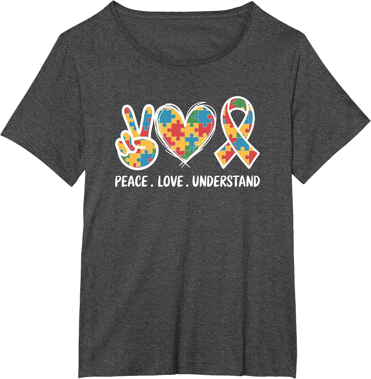 Autism Awareness Peace Love Understand Puzzle Ribbon T-Shirt - Dark Heather Grey