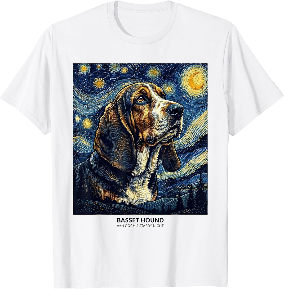Men's Basset Hound Van Gogh's Starry Night Art Portrait Dog Lover T-Shirt - White