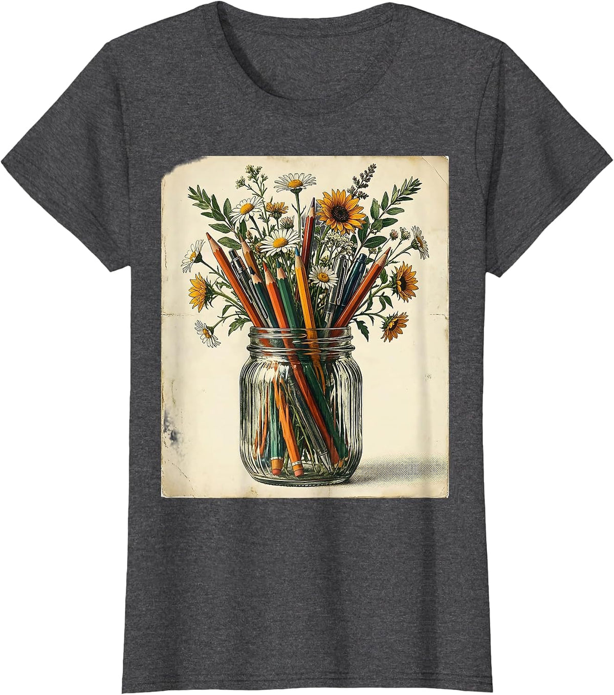Women's Elementary Teacher Mason Jar Pens Flowers Graphic T-Shirt - Dark Heather Grey
