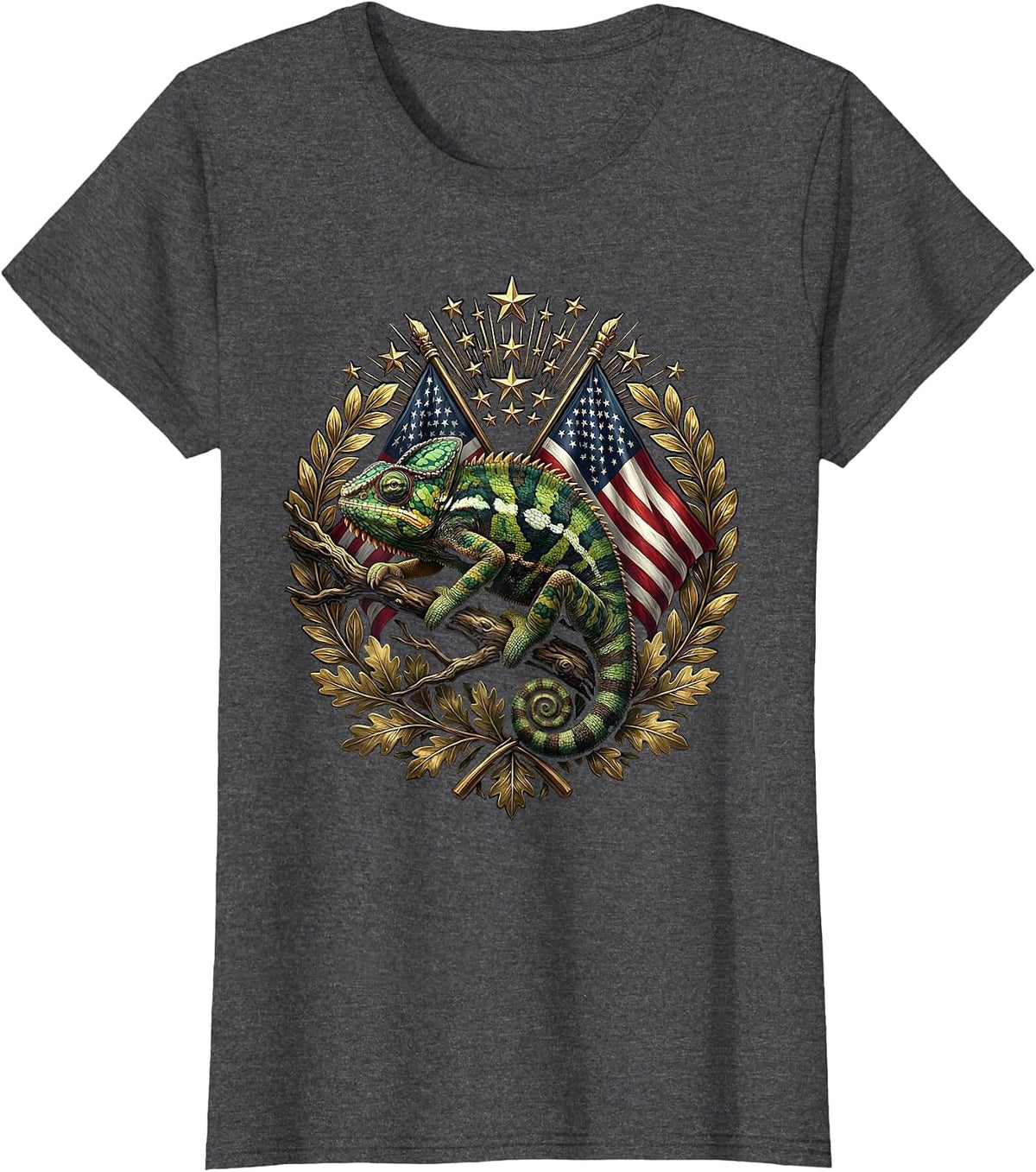 Women's Chameleon Camouflage Leafy Branch Illustration T-Shirt - Dark Heather Grey