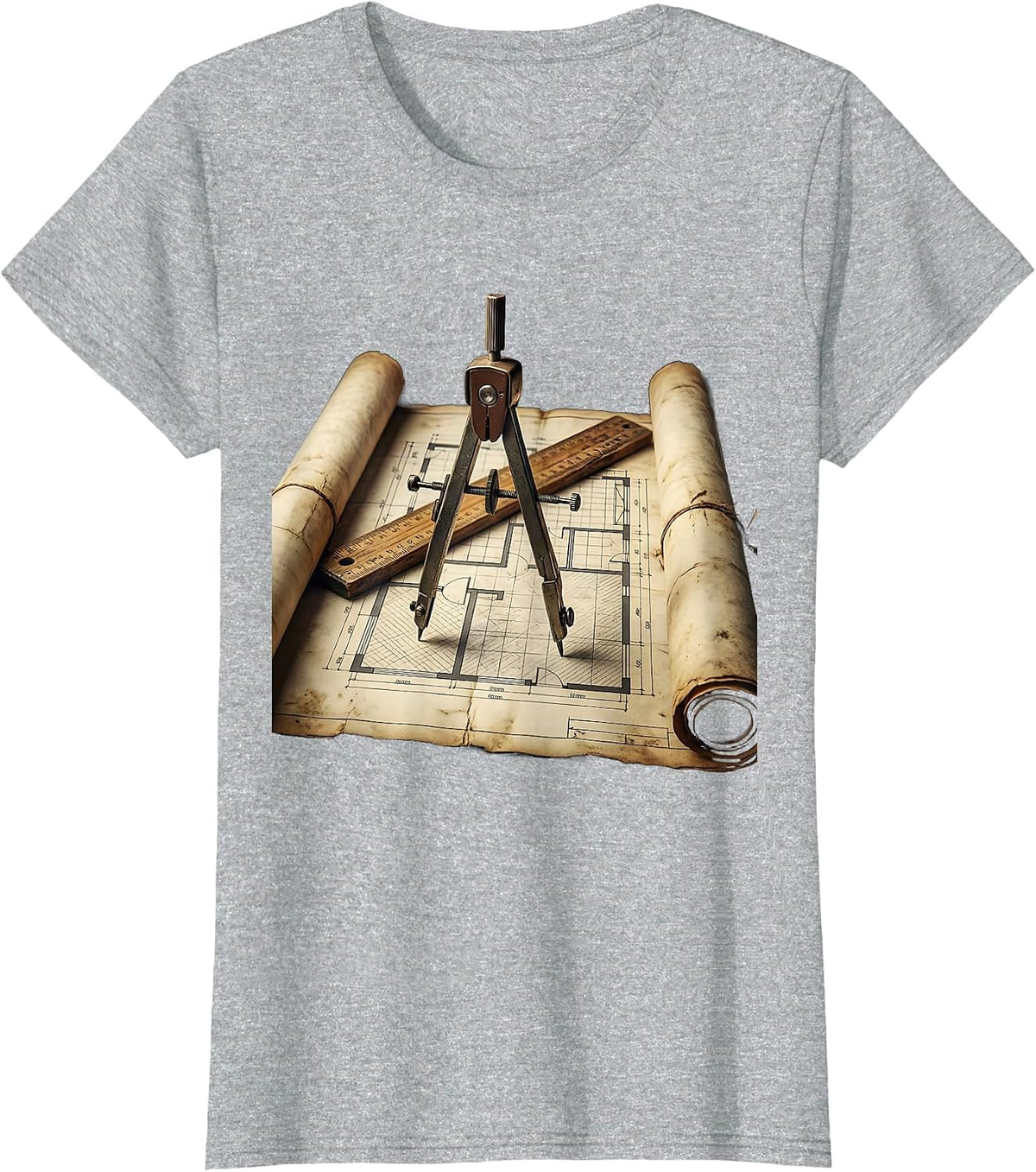 Women's Blueprint Illustration Ruler and Compass Graphic T-Shirt - Heather Grey