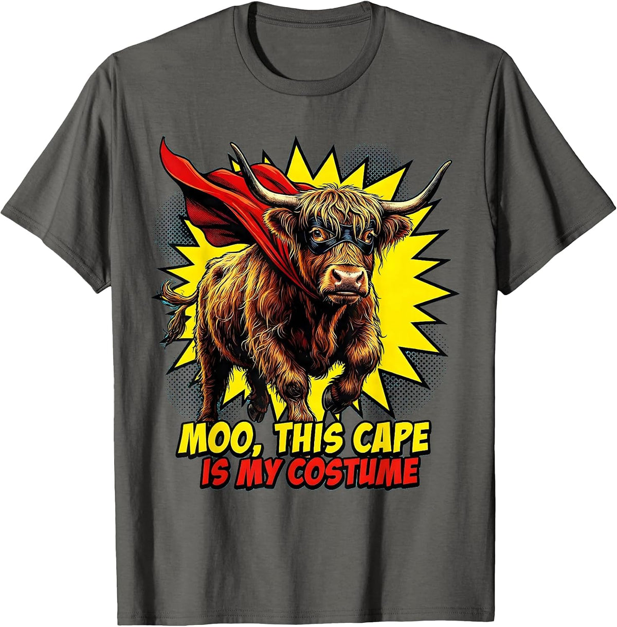 Men's Moo This Cape Is My Costume Pop Art Highland Cow Halloween T-Shirt - Asphalt Grey