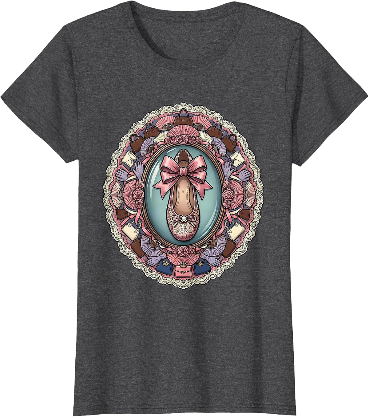 Women's Ballet Flat Shoes Fashion Sketch Illustration T-Shirt - Dark Heather Grey