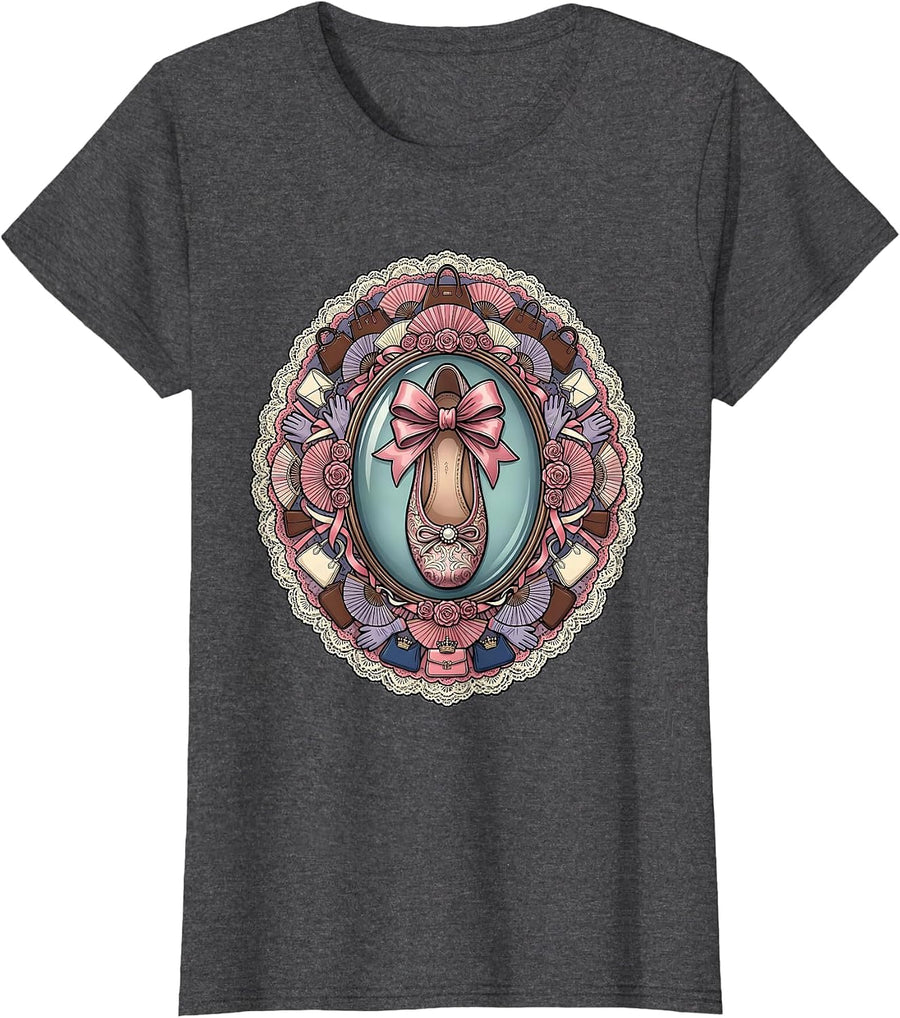 Women's Ballet Flat Shoes Fashion Sketch Illustration T-Shirt - Dark Heather Grey