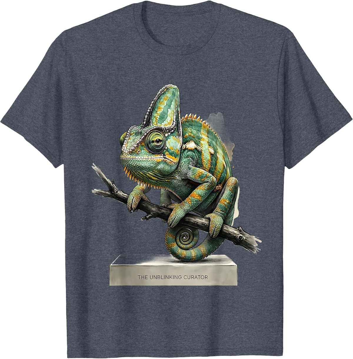 The Unblinking Curator Watercolor Veiled Chameleon Funny T-Shirt - Heather Blue