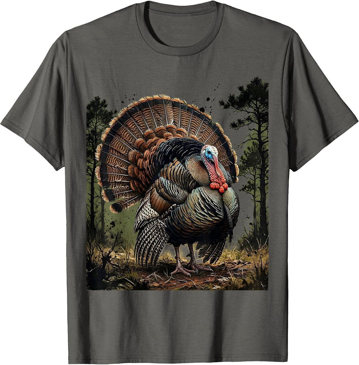Men's Turkey Feathers Fanned in Forest Clearing Art T-Shirt - Asphalt Grey
