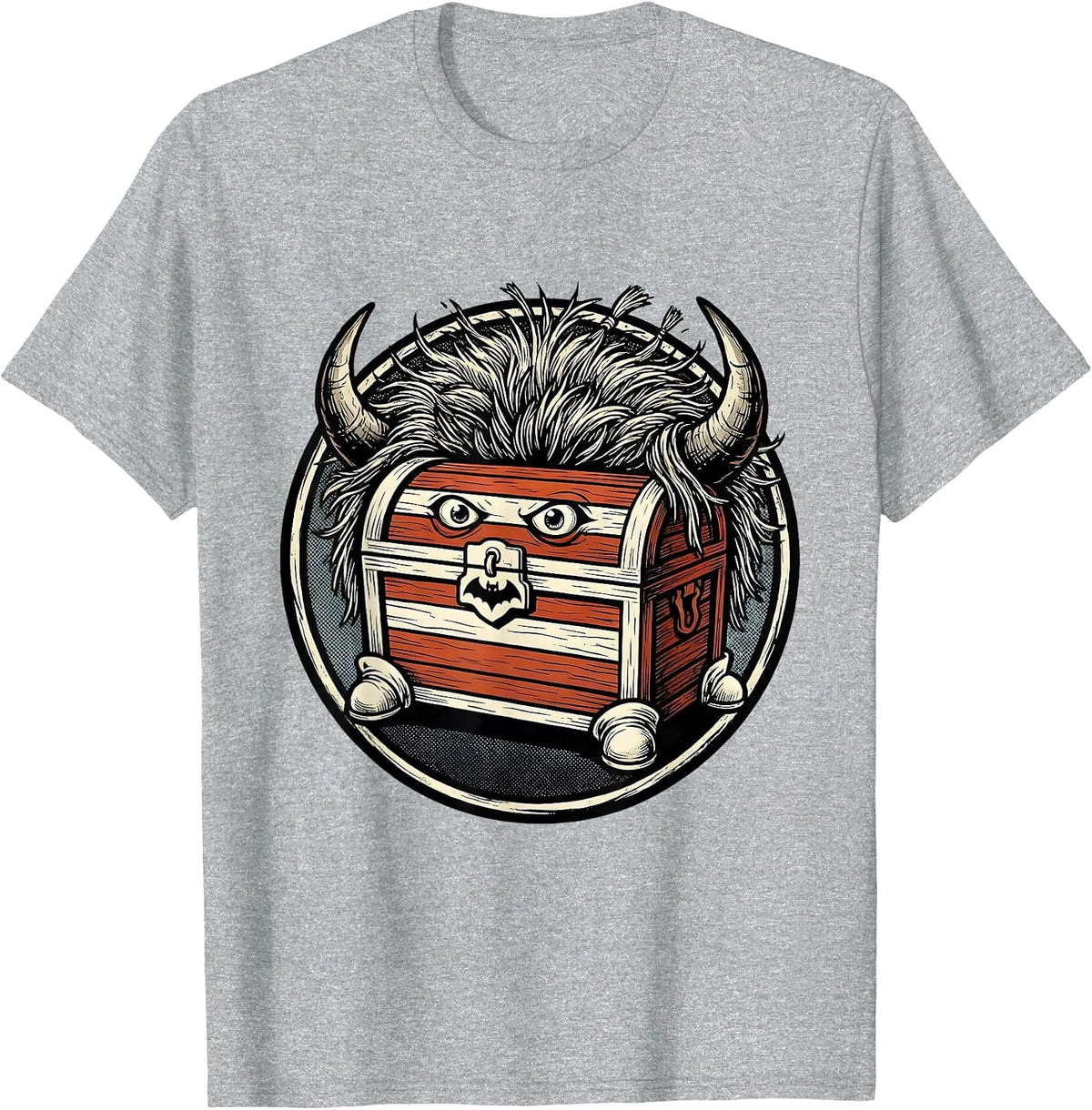Men's Highland Cow Haunted Treasure Retro Cartoon Halloween T-Shirt - Heather Grey