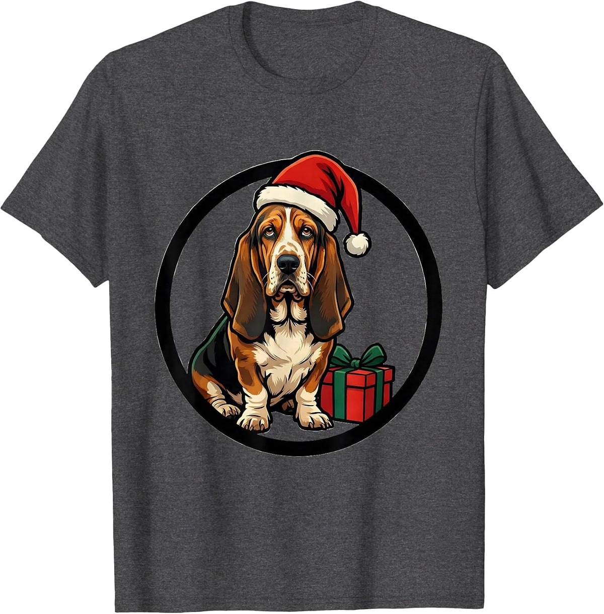 Basset Hound Christmas Badge Santa Hat Dog Lover Gift T-Shirt - Dark Heather Grey