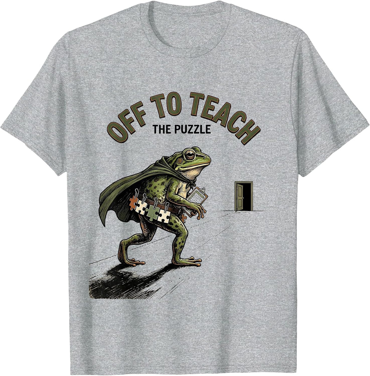 Men's Off To Teach The Puzzle Vintage Frog Teacher Back To School T-Shirt - Heather Grey