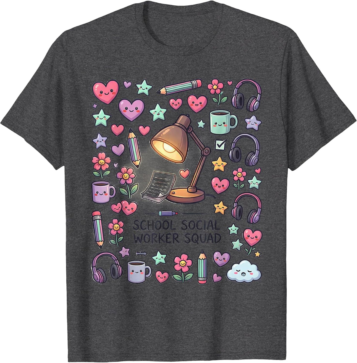 School Social Worker Squad Kawaii Stationery Doodle Staff T-Shirt - Dark Heather Grey
