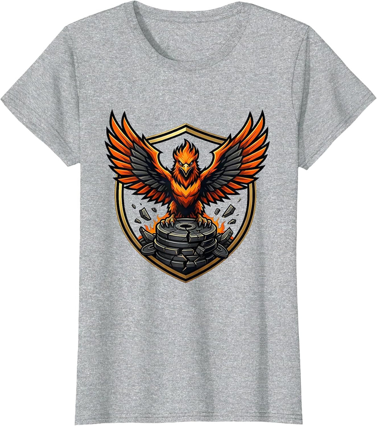 Phoenix Rising From Broken Weights Gym Design T-Shirt - Heather Grey