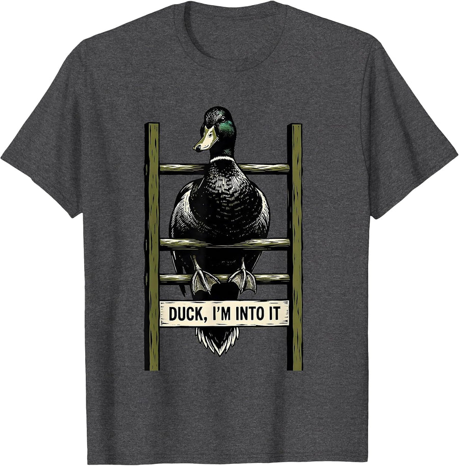 Men's Duck, I'm Into It Linocut Funny Duck Hunter Outdoor Humor T-Shirt - Dark Heather Grey