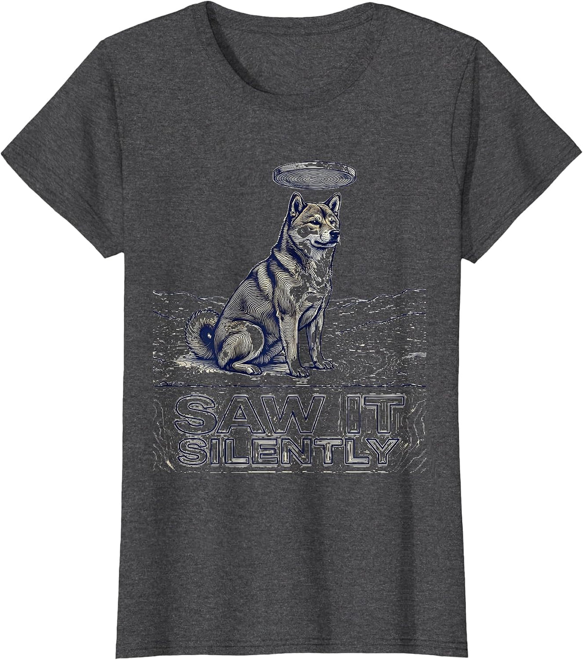 Women's Saw It Silently Shiba Inu UFO Alien Novelty Gift T-Shirt - Dark Heather Grey