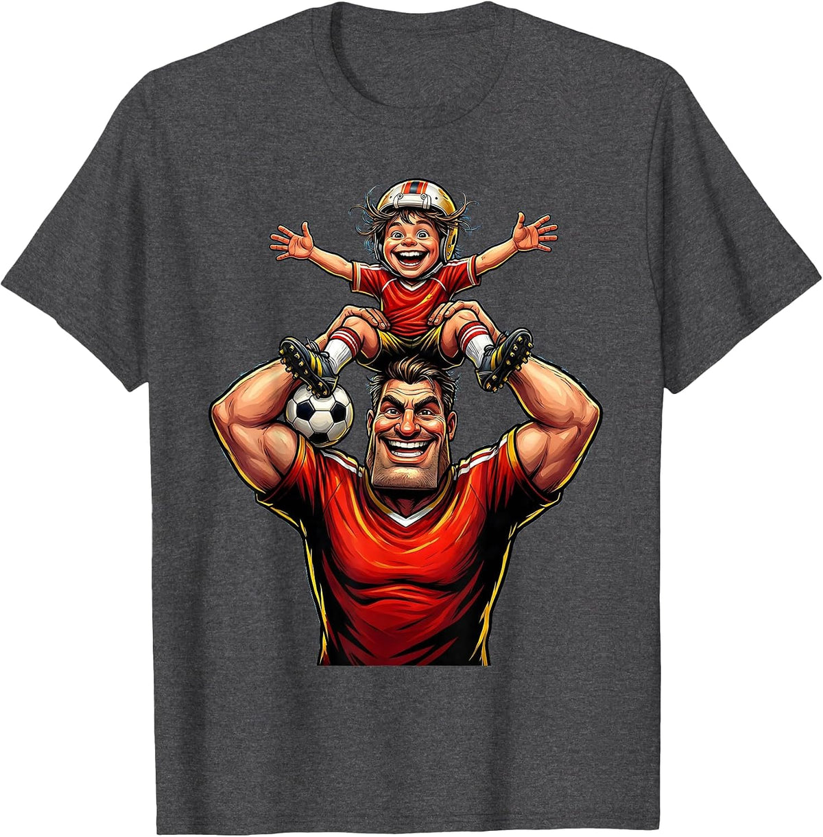 Men's Soccer Dad Lifting Young Player Celebration T-Shirt - Dark Heather Grey