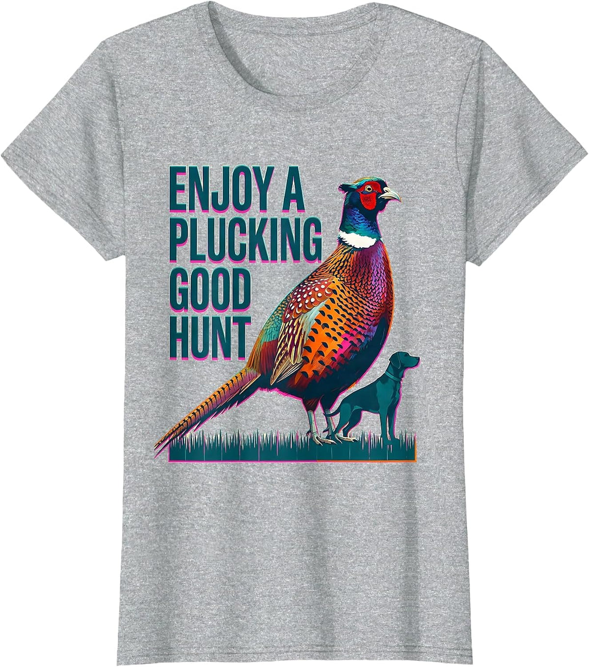 Enjoy A Plucking Good Hunt Risograph Pheasant Hunter Upland T-Shirt - Heather Grey