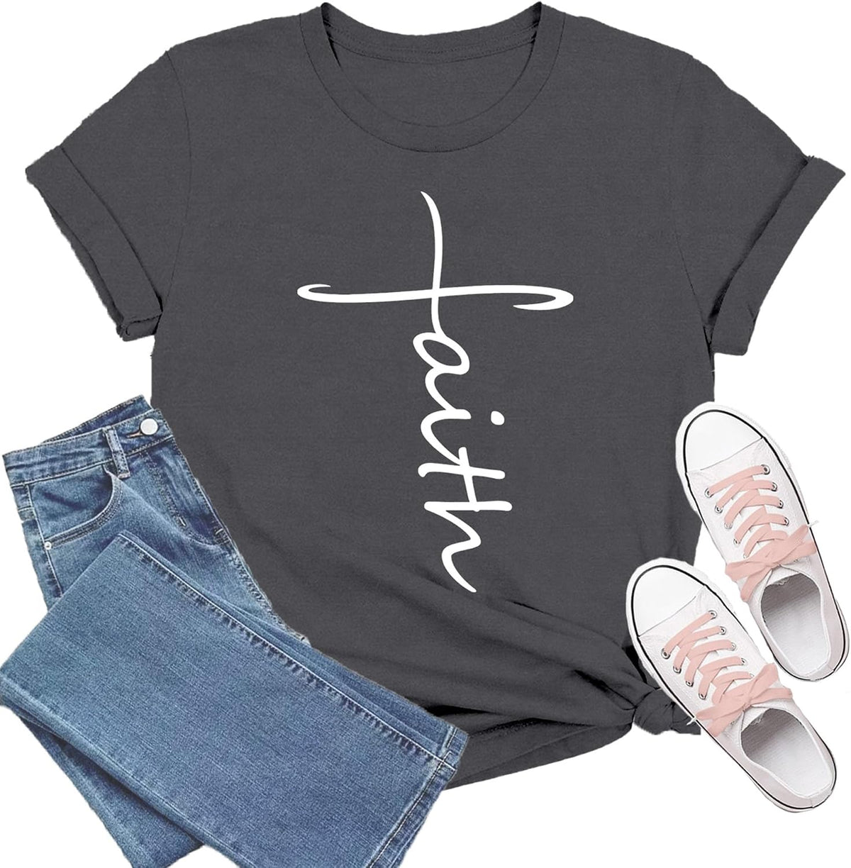 Christian Shirts for Women Religious Shirt Faith Over Fear Tee Tops - Grey