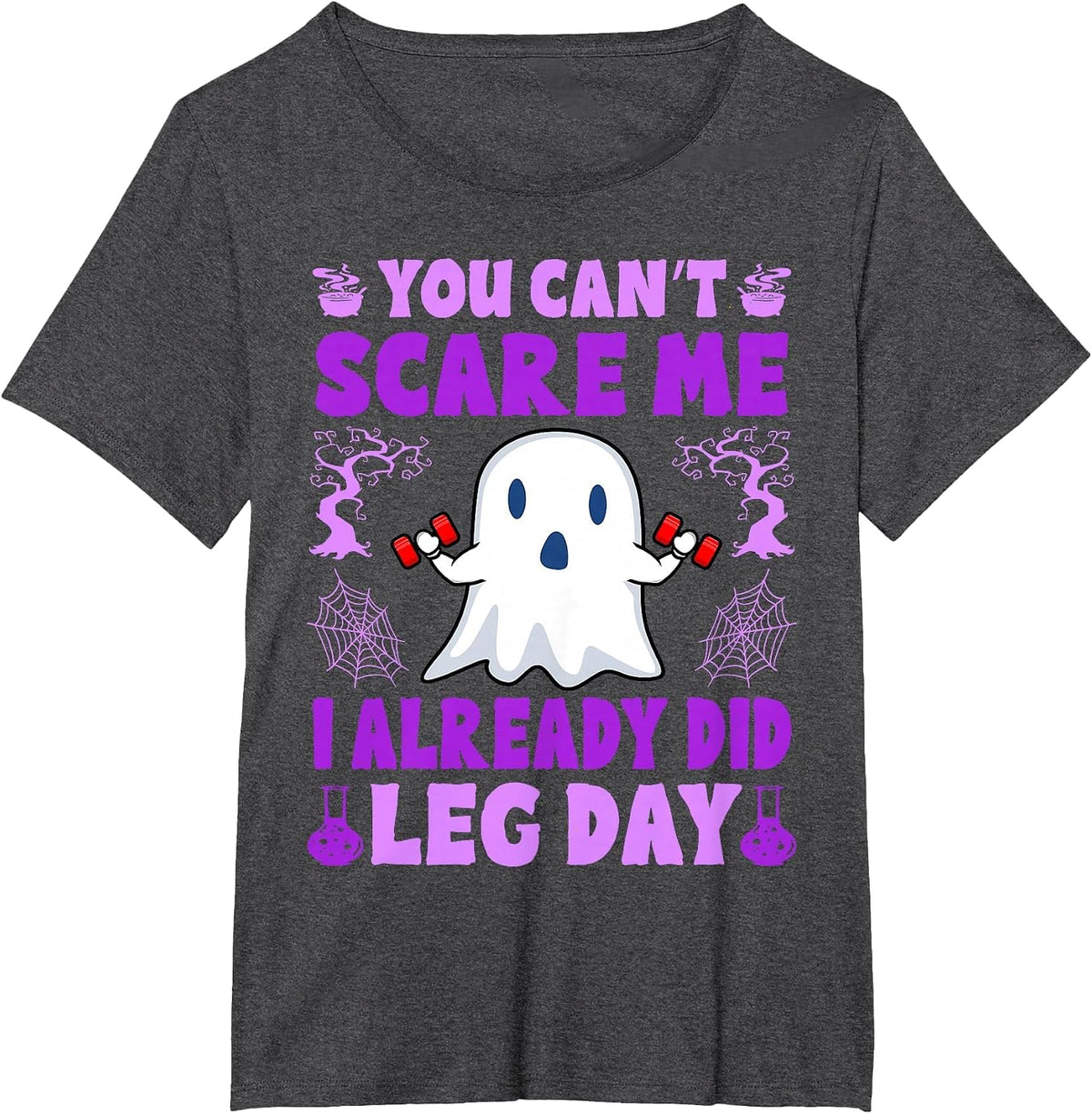 Halloween Workout Women Ghost Training with Dumbbells T-Shirt - Dark Heather Grey