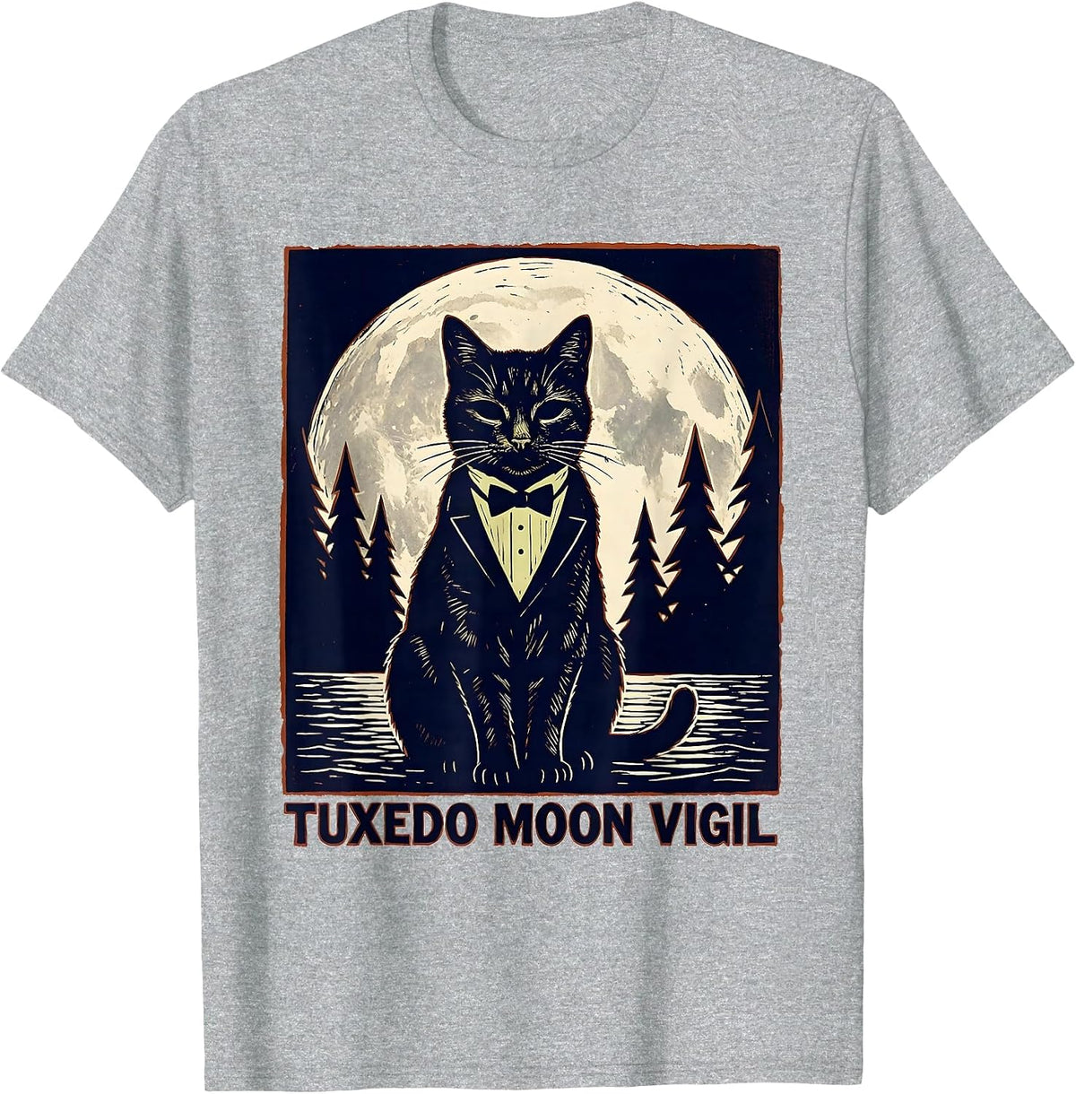 Men's Tuxedo Moon Vigil Linocut 90s Retro Tuxedo Cat Portrait T-Shirt - Heather Grey