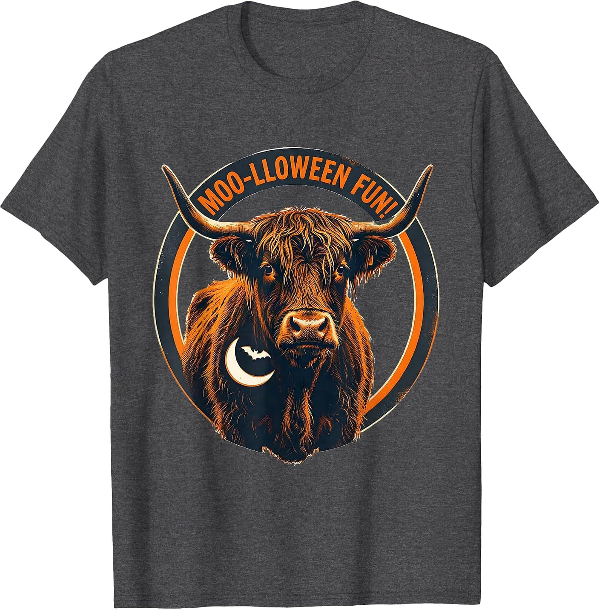 Moo-lloween Fun! Whimsical Highland Cow Halloween Humor T-Shirt - Dark Heather Grey