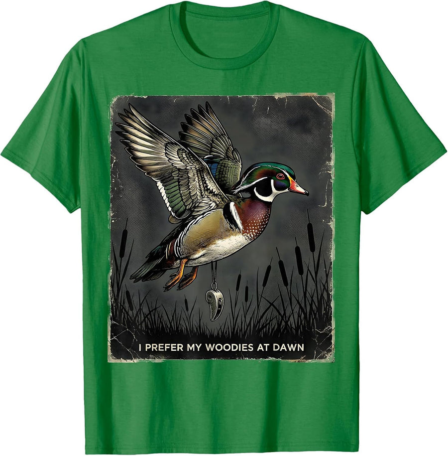 Men's I Prefer My Woodies At Dawn Distressed Duck Hunter Humor T-Shirt - Kelly Green