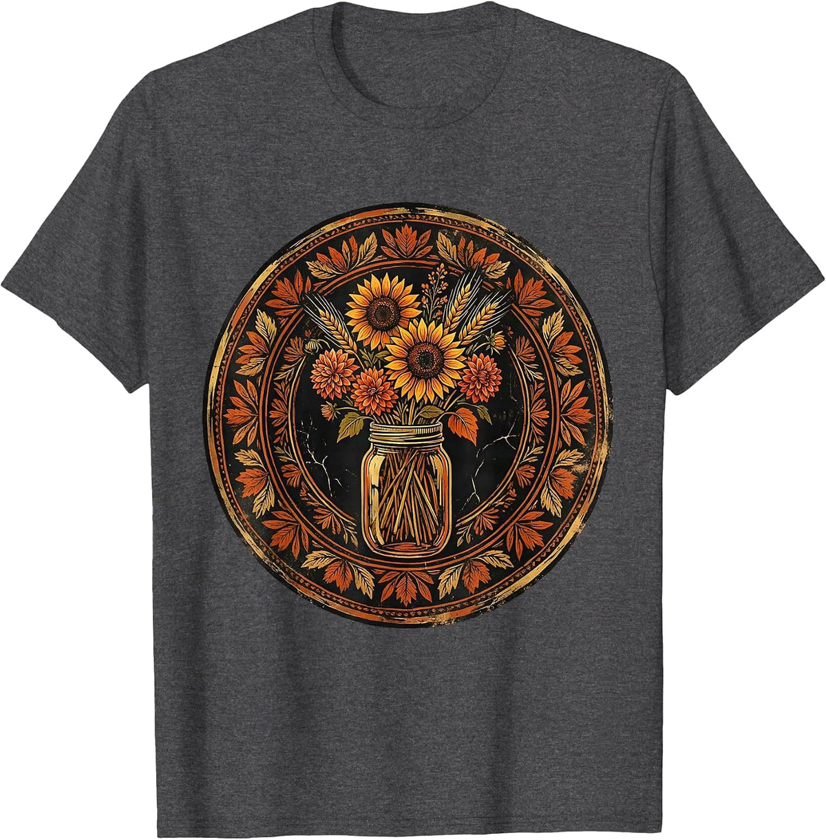 Men's Autumn Wildflowers Mason Jar Thanksgiving Graphic T-Shirt - Dark Heather Grey