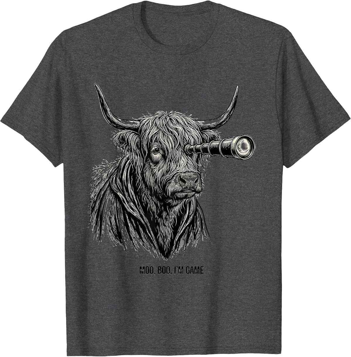 Men's Moo, Boo, I'm Game Funny Highland Cow Halloween Costume T-Shirt - Dark Heather Grey