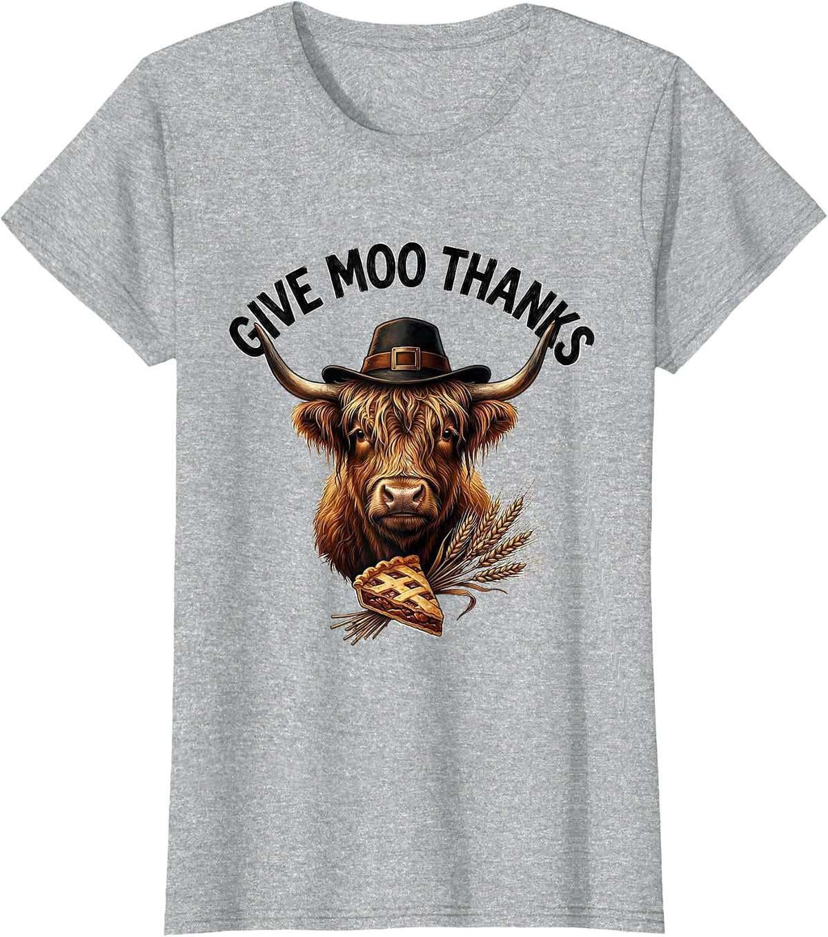 Give Moo Thanks Funny Highland Cow Holiday Humor T-Shirt - Heather Grey