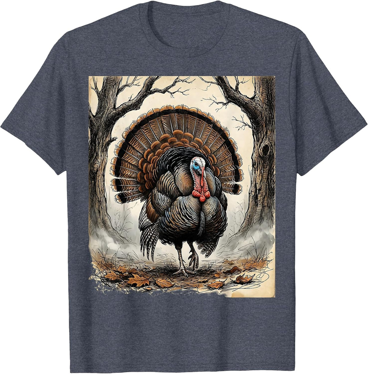 Wild Turkey Misty Morning Forest Thanksgiving T-Shirt - Heather Blue