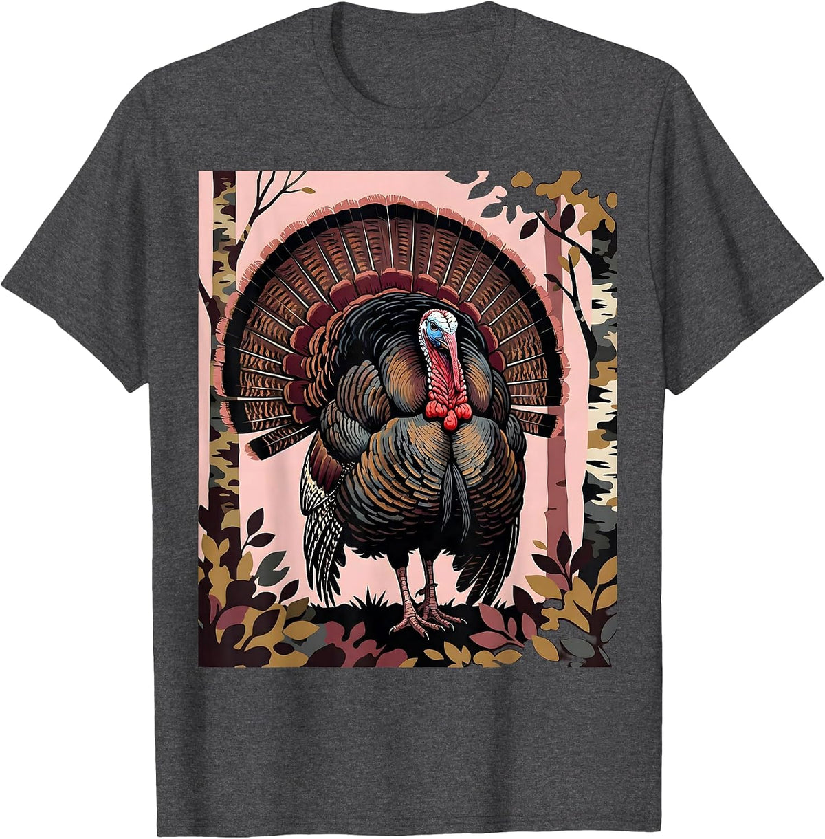 Men's Pink Camo Wild Turkey Strutting Forest Illustration T-Shirt - Dark Heather Grey