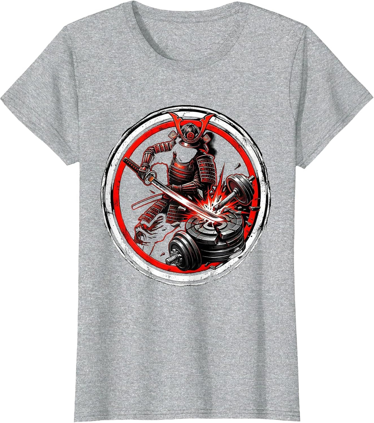 Samurai Warrior Gym Dumbbell Slice Graphic T-Shirt - Heather Grey