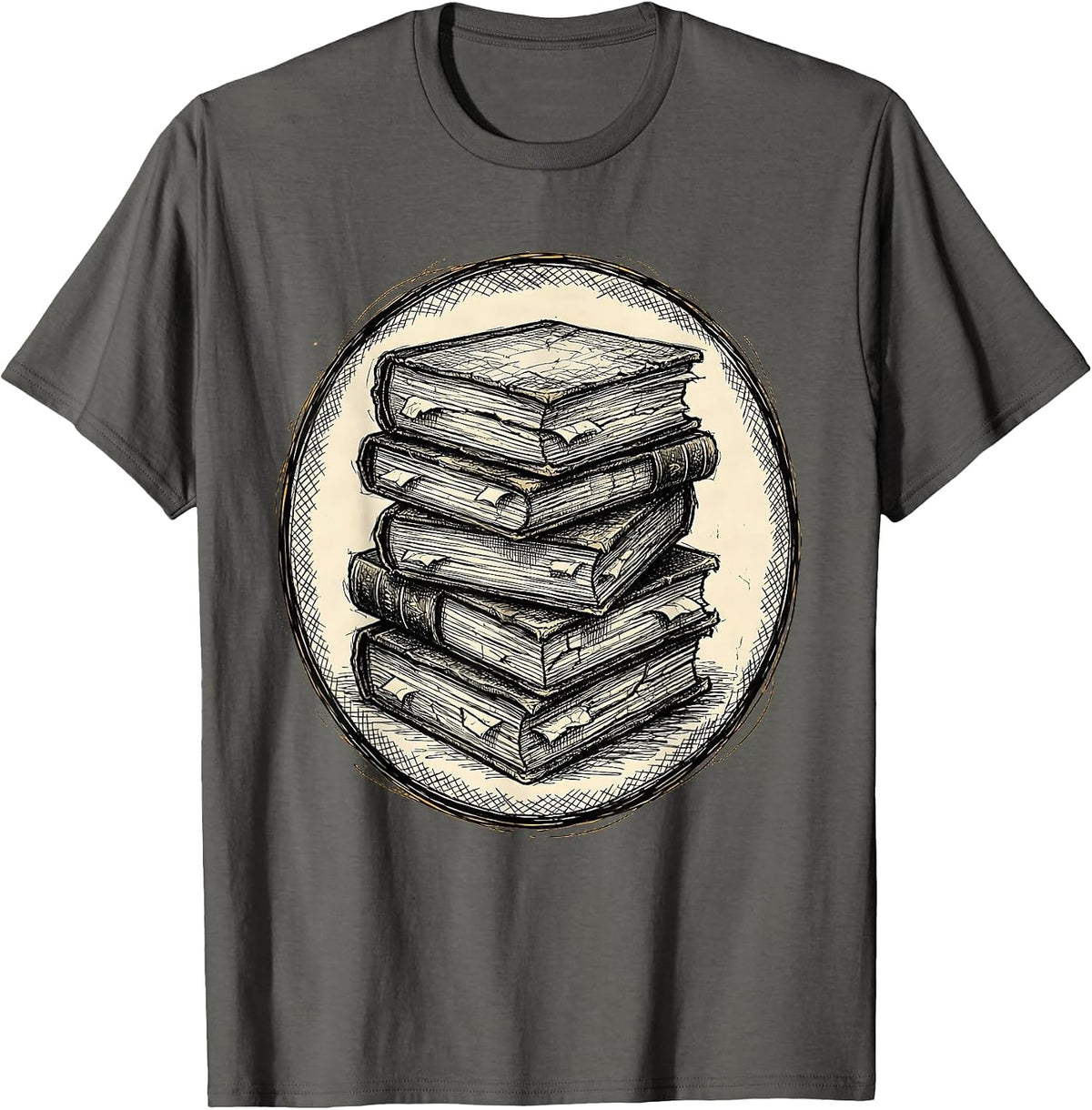 Worn Book Stack Illustration Bookish Design T-Shirt - Asphalt Grey
