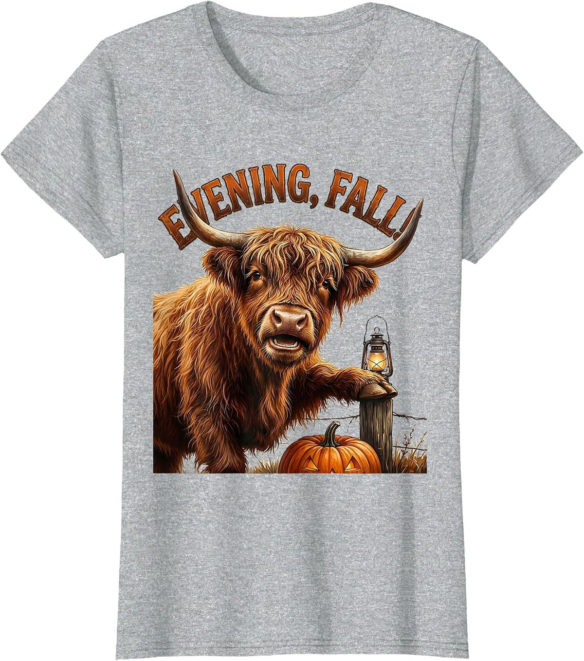 Women's Evening, Fall! Whimsical Highland Cow Halloween Humor T-Shirt - Heather Grey